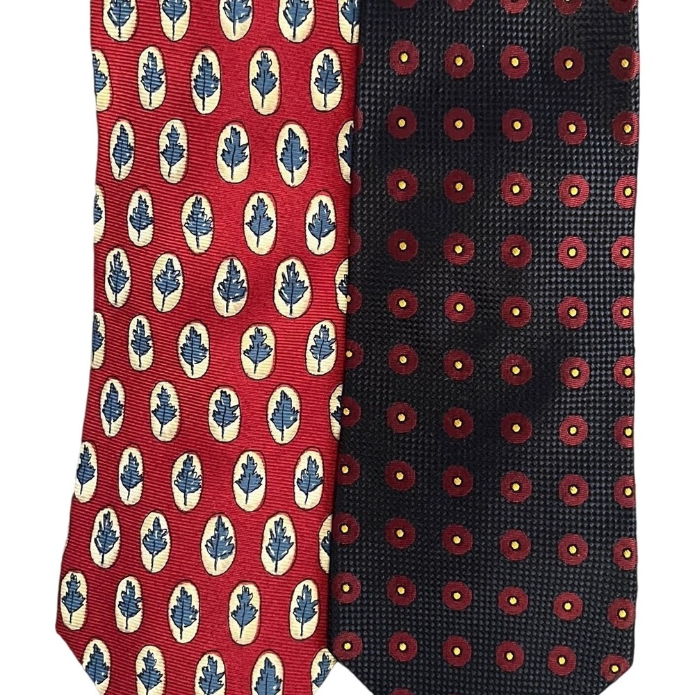 Lands' End Men's Ties Set Of Two‎ 100% Silk Neck Ties Red Navy Leaf Dot Pattern